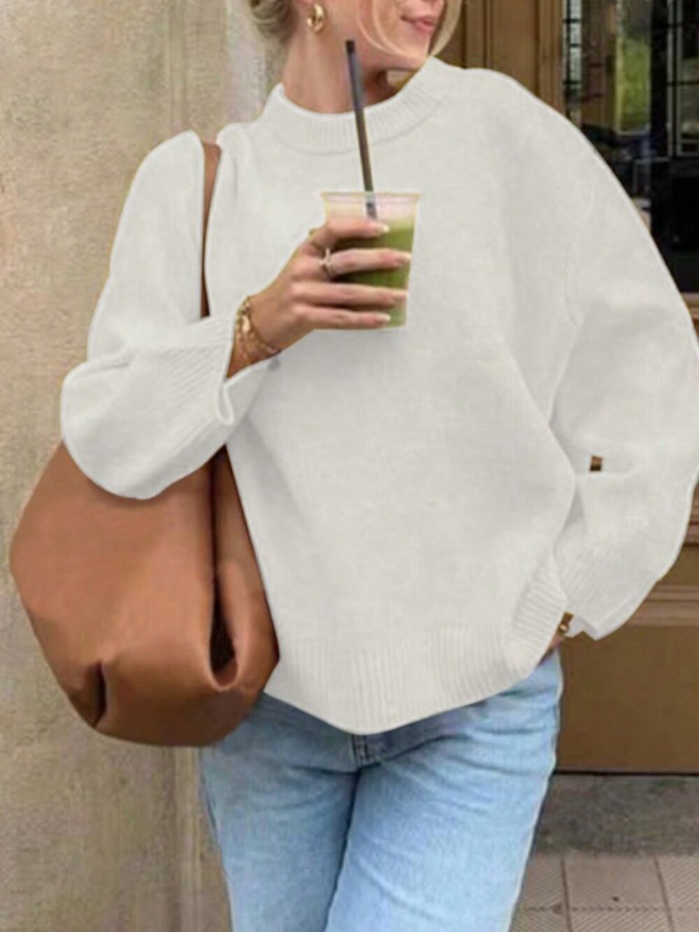 White Casual Women's Minimalist Drop Shoulder Round Neck Pullover Sweater - Picture 3 of 6